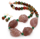 Natural Pink Agate and Peacock Agate Chunky Set ( Necklace and Matched Earrings )