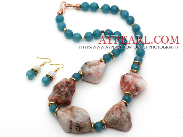 Oregelbunden form Galen agat och Cyanite och Moonstone Set (halsband och matchade örhängen)