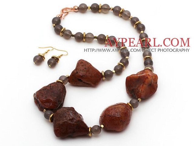 Gray Agate and Original Carnelian Stone Set ( Necklace and Matched Earrings )