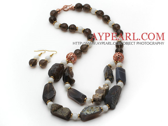 Brown Series Smoky Quartz and Moonstone and Original Gray Agate Stone Set ( Necklace and Matched Earrings )