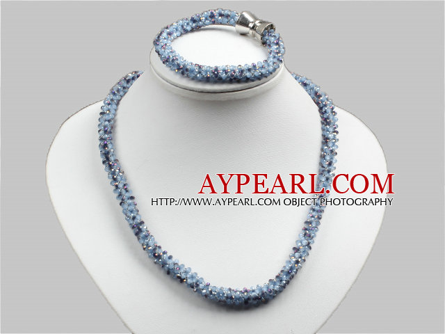 Classic Sparkly Blue Jade-Like Crystal Necklace With Matched Bracelet Set