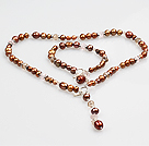 Chic Y Shape Natural Bronze Color Pearl Necklace Bracelet Set With Toggle Clasp