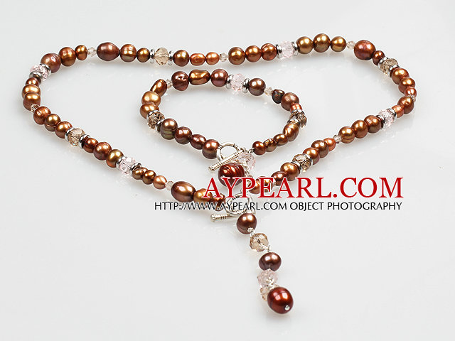 Chic Y Shape Natural Bronze Color Pearl Necklace armbånd sett med skifte lås