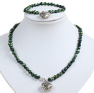 Classic Simple Design Potato Shape Deep Green Pearl Necklace & Bracelet Set With Heart Charm
