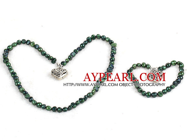 Classic Simple Design Potato Shape Deep Green Pearl Necklace & Bracelet Set With Heart Charm