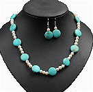 Fashion Simple Natural Freshwater Pearl And Oblate Turquoise Necklace And Earrings Set