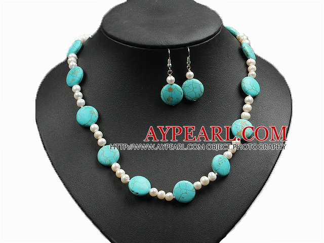 Fashion Simple Natural Freshwater Pearl And Oblate Turquoise Necklace And Earrings Set