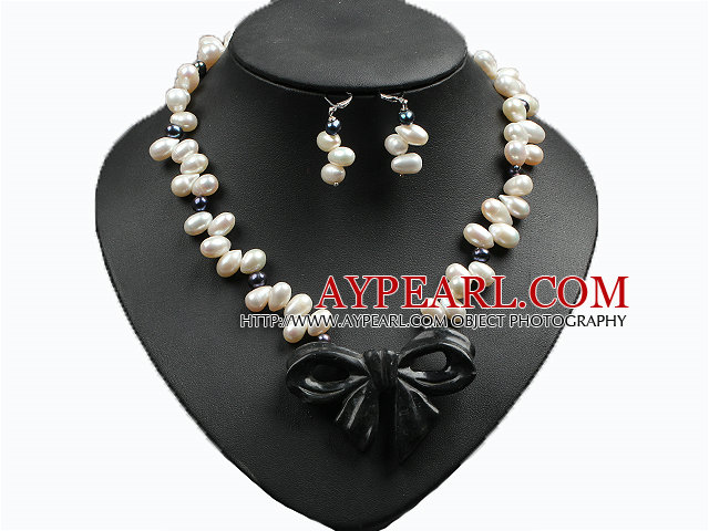 Trendy Style Natural White And Black Pearl Ink Jade Bow Pendant Necklace And Earrings Set