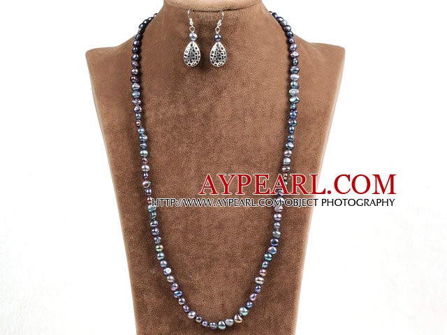 Graceful lange Art Natural Black Süßwasser-Zuchtperlen jewelty Set (Necklace & Earrings)