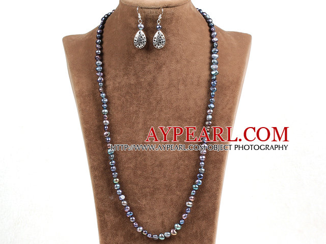 Graceful Long Style Natural Black Freshwater Pearl Jewelty Set (Necklace & Earrings)