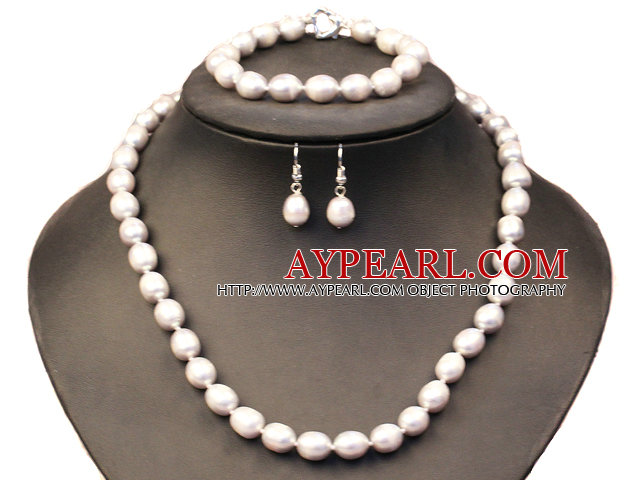 Graceful Mother Gift 8-9mm Natural Gray Rice Pearl Jewelry Set (Necklace, Bracelet & Earrings)