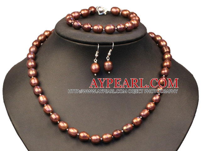 Graceful Mother Gift 8-9mm Natural Brown Rice Pearl Jewelry Set (Necklace, Bracelet & Earrings)