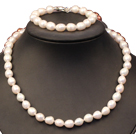 Vackra Elegant Bäst gåva 8-9mm Naturligt vitt ris Pearl Jewelry Set (Halsband och armband)