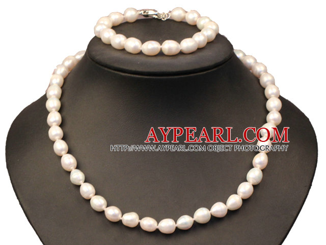 Beautiful Elegant Best Gift 8-9mm Natural White Rice Pearl Jewelry Set (Necklace & Bracelet)