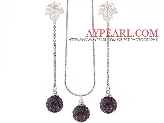 Fashion Polymer Clay Purple Rhinestone Ball anheng halskjede og Elegant Leaf Studs øredobber sett