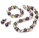 Fashion Round Amethyst And Cluster Freshwater Pearl Olive Sets (Necklace With Matched Bracelet And Earrings)