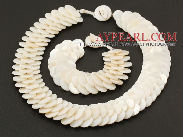 Beautiful 15mm Layer Style Disc Shape White Shell Necklace Bracelet Sets