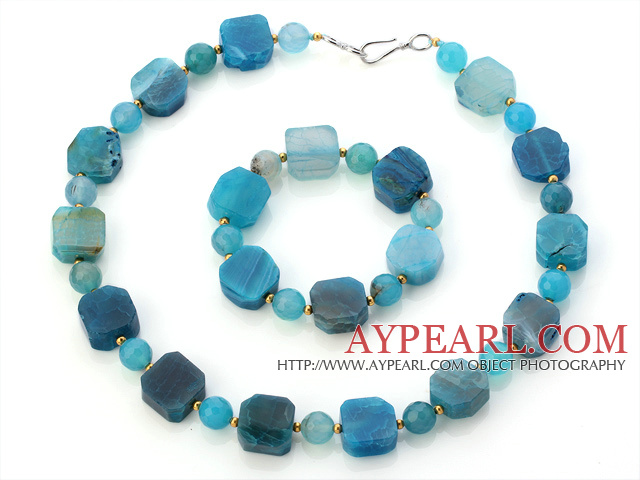 Fashion Blue Series Uregelmessig og Round Agate Beaded Smykker Stiller ( halskjede med matchet armbånd )