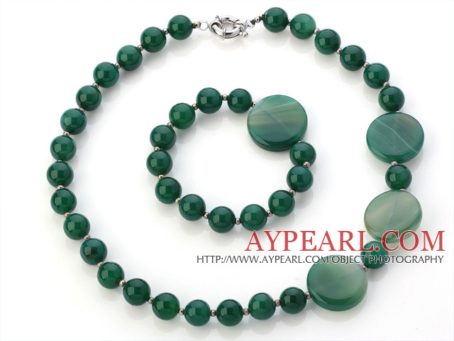 Pretty Pure And Flat Round Green Agate Beaded Jewelry Sets (Necklace With Matched Bracelet)