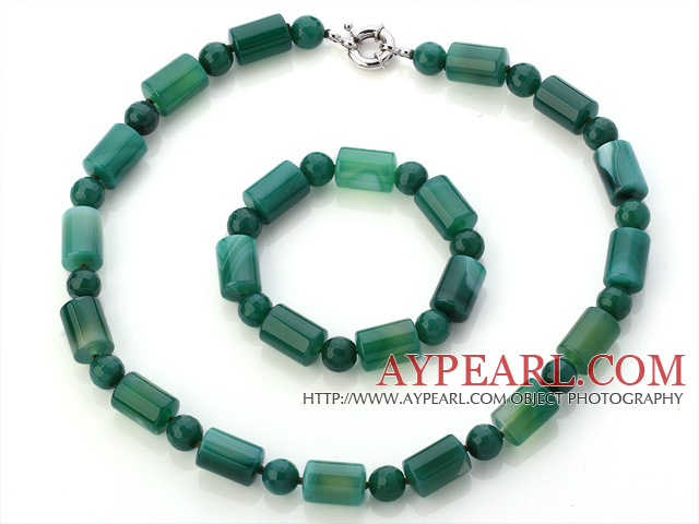 Pretty Round And Cylinder Shape Grønn Agate Beaded Smykker Stiller ( halskjede med matchet armbånd )