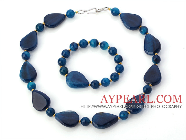 Dana rundan Och Mutter Shape Blå Agate pärlstav Jewelry Sets ( halsband med matchande armband )