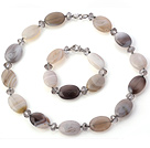 Nice Oval Shape Gray Agate Gray Crystal Beads Jewelry Sets (Necklace With Matched Bracelet)