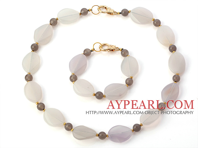 Nice Irregular White And Round Gray Agate Beaded Jewelry Sets (Necklace With Matched Bracelet)