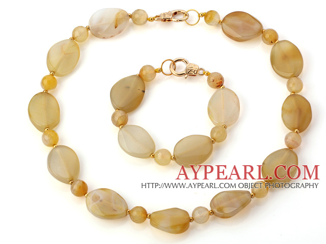 Nice Yellow Irregular And Round Agate Beaded Jewelry Sets (Necklace With Matched Bracelet)