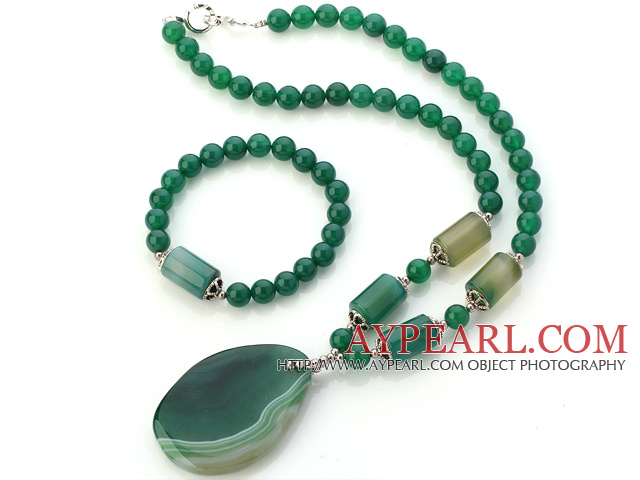 Fashion Round And Cylinder Shape Green Agate Beaded Pendant Necklace And Stretch Bracelet Sets