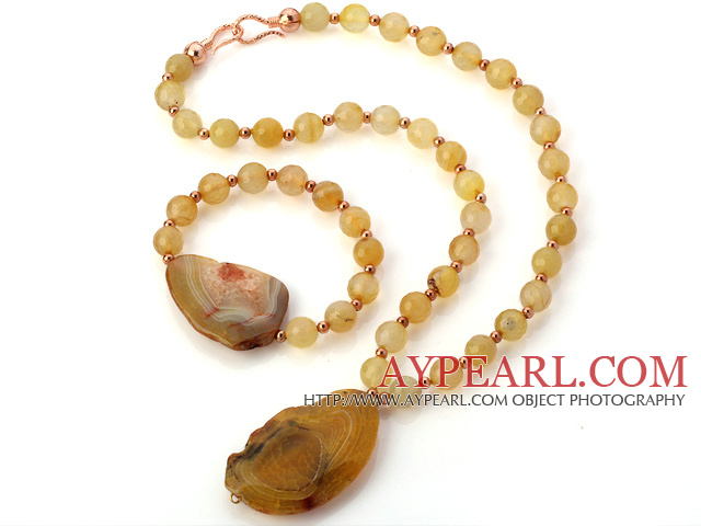 Fashion Round And Irregular Yellow Agate Beaded Pendant Necklace And Stretch Bracelet Sets