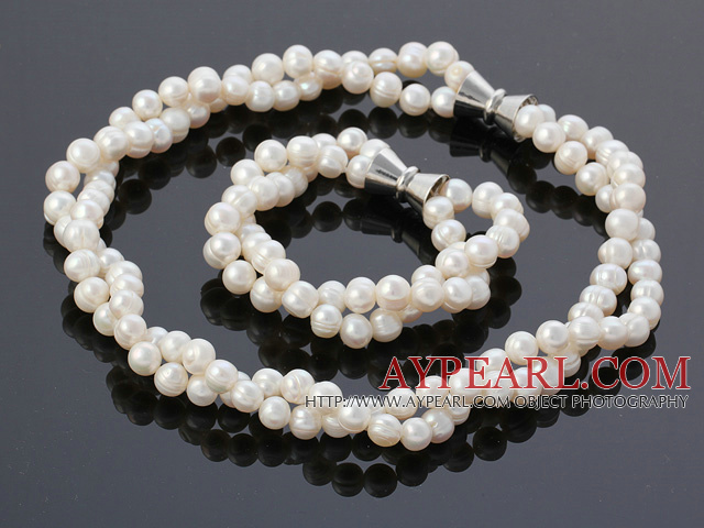Fashion 9-10mm Double Strands Twisted White Freshwater Pearl Beaded Sets With Magnetic Clasps (Necklace With Matched Bracelet)