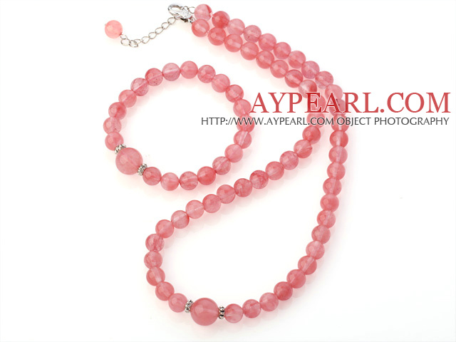 Mode ronde pure cerise Quartz collier de perles avec Assorti bracelet élastique Ensemble de bijoux