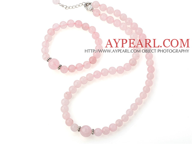 Fashion Round Pure Rose Quartz Beaded Necklace With Matched Elastic Bracelet Jewelry Set