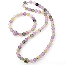 Fashion Round Amethyst Rose Quartz And Prehnite Beaded Necklace With Matched Elastic Bracelet Jewelry Set