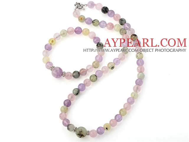 Mode Ronde Améthyste Quartz Rose Et Prehnite Collier de perles Avec assortie bracelet élastique Ensemble de bijoux