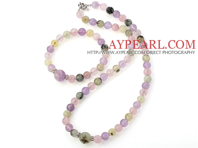 Fashion Round Amethyst Rose Quartz And Prehnite Beaded Necklace With Matched Elastic Bracelet Jewelry Set