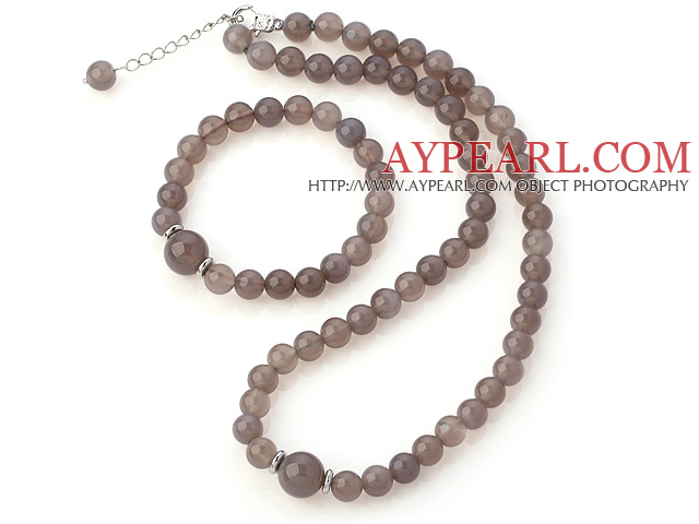 Nice Round A Grade Gray Agate Beaded Necklace With Matched Elastic Bracelet Jewelry Set