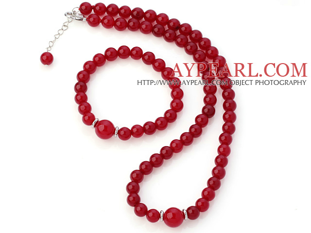 Fashion Natural Round Rose Agate Beaded Necklace With Matched Elastic Bracelet Jewelry Set