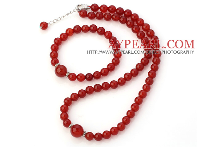 Fashion En Grade Natural Round Red Agate Beaded halskjede med matchet Elastisk armbånd smykker Set