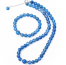 Fashion En Grade Natural Round Sky Blå Agate Beaded halskjede med matchet Elastisk armbånd smykker Set