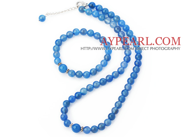 Moda O Grad Runda Natural albastru Agate colier cu margele cu potrivire Set bijuterii Elastic brățară