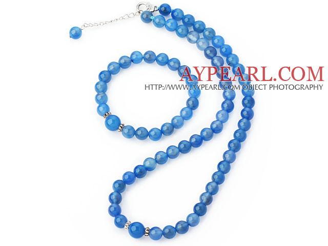 Fashion En Grade Natural Round Sky Blå Agate Beaded halskjede med matchet Elastisk armbånd smykker Set