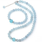 Nice Natural Round Blue Jade Beaded Necklace With Matched Elastic Bracelet Jewelry Set