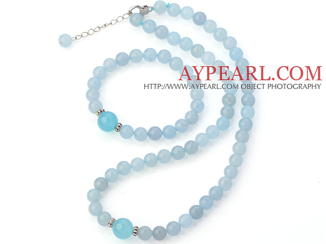 Nice Natural Round Blue Jade Beaded Necklace With Matched Elastic Bracelet Jewelry Set