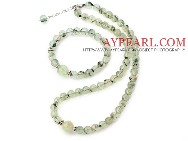 Nice Natural Round Prehnite Beaded Necklace With Matched Elastic Bracelet Jewelry Set