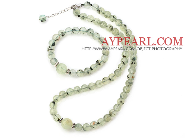 Nice Φυσικό Γύρος Prehnite Beaded κολιέ με ασορτί βραχιόλι Ελαστική Κοσμήματα Set