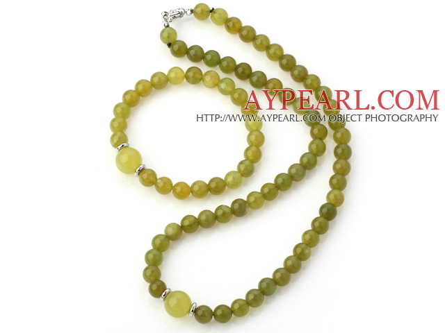 Nice Natural Round South Korea Jade Beaded Necklace With Matched Elastic Bracelet Jewelry Set