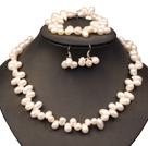 Vackra Elegant Bäst gåva 8-9mm Natural White Freshwater Slant-håls Pearl Jewelry Set (Halsband, armband & örhängen)