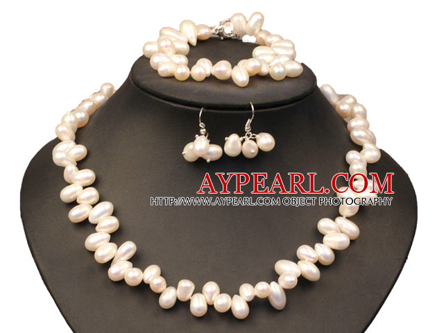 Vakker Elegant Best Gift 8-9mm Natural White Ferskvann Slant-hulls Pearl Jewelry Set (halskjede, armbånd og øredobber)