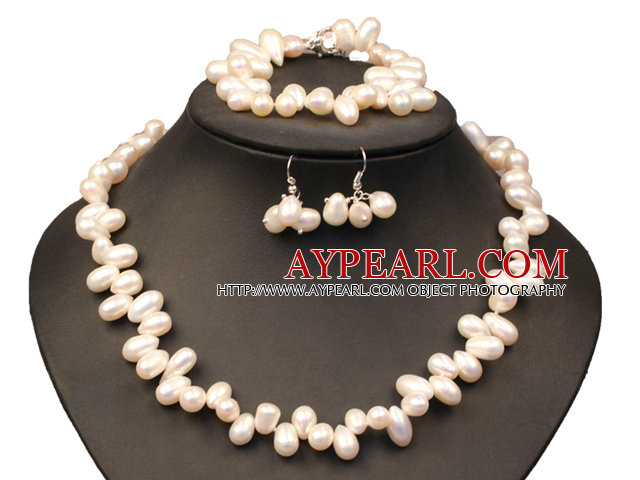 Cel mai bun cadou frumos elegant 8-9mm naturale de apă dulce alb Slant găuri Set Pearl bijuterii (colier, bratara si cercei)